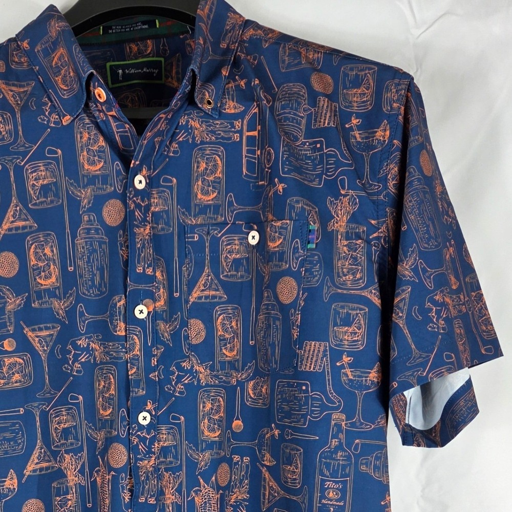 William Murray Tito's Vodka Golf Shirt Mens XL Navy Blue Orange Cocktail Print